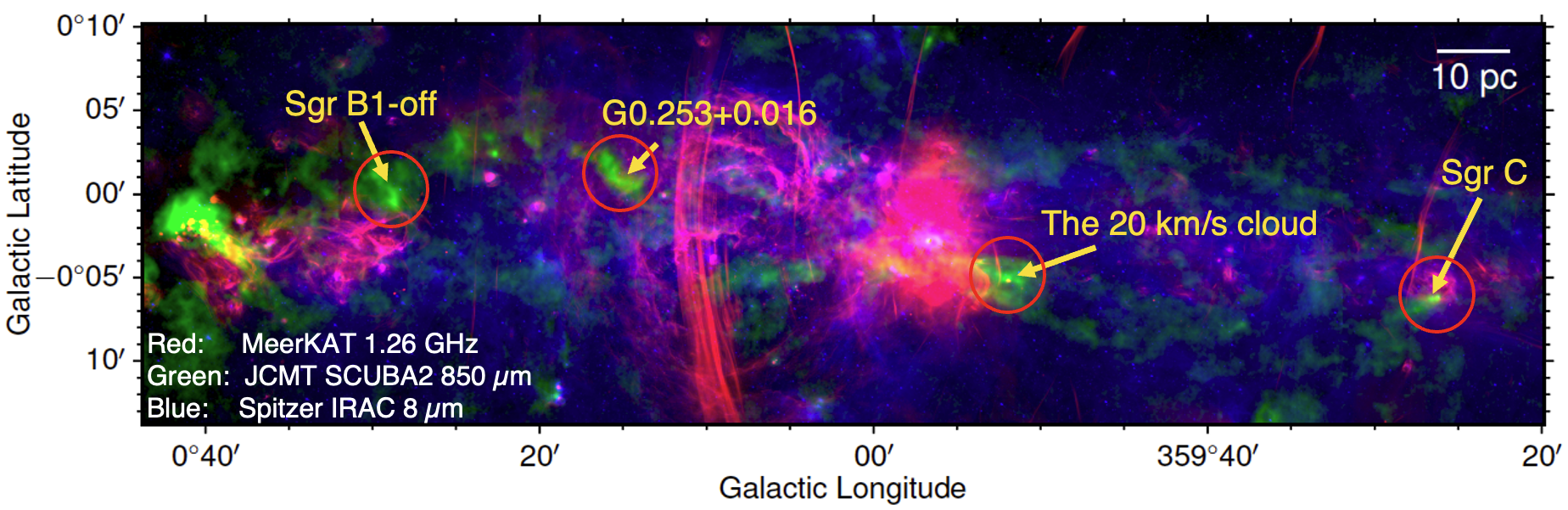 Annotated multi-wavelength view of the Central Molecular Zone showing the four CONCERT target clouds